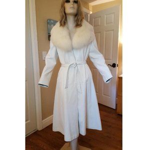 EXC Long White Leather Coat Fox Fur Collar 8 10 12